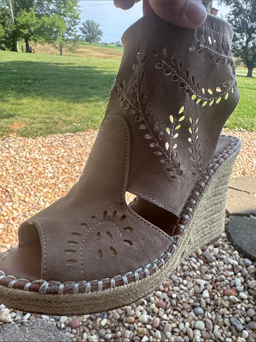 Suede Taupe Cutout Espadrille Wedge Sandals